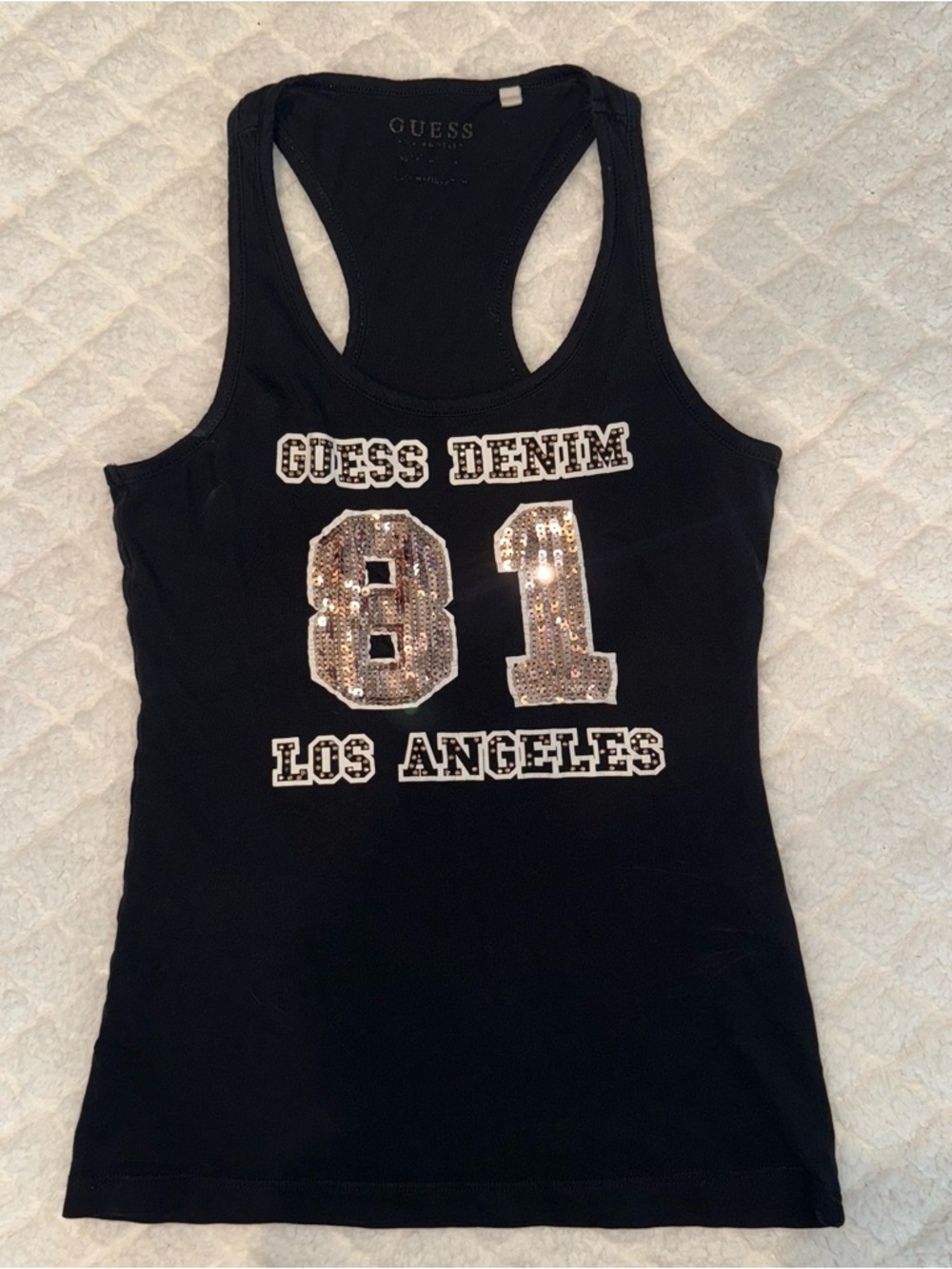 Y2K GUESS Black Racerback Tank with Sequin '81' Applique